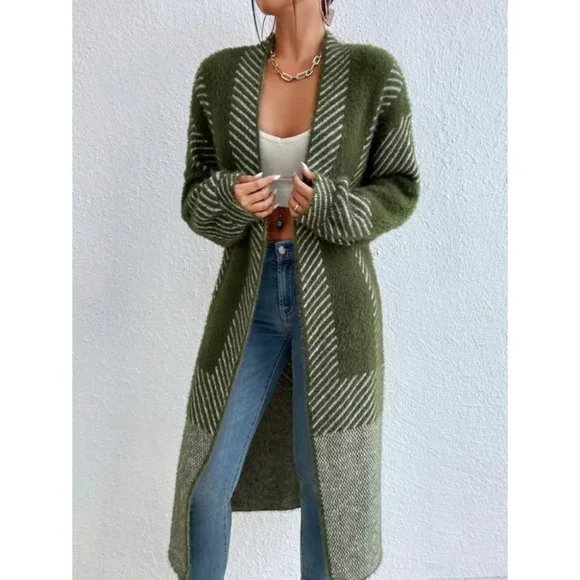 open front striped print fuzzy sweater knit duster cardigan green - Picture 5 of 7